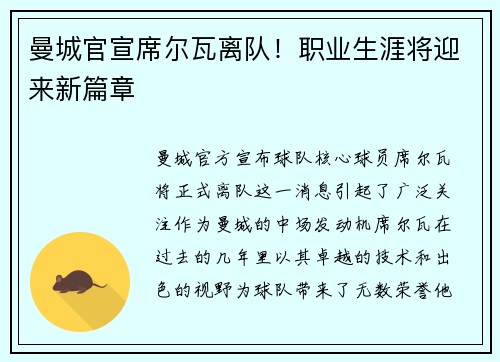 曼城官宣席尔瓦离队！职业生涯将迎来新篇章